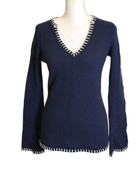Malika 100% Cashmere Blue V-neck Contrasting White Whipstitching Sweater Size XS